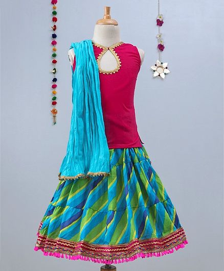 Kidcetra Sleeveless Tie Back Choli & Bandhini Lehenga With Dupatta Set - Blue & Pink