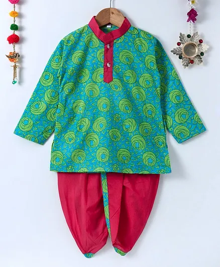 Kidcetra Full Sleeves Floral Printed Kurta With Full Length Dhoti Set - Green & Pink