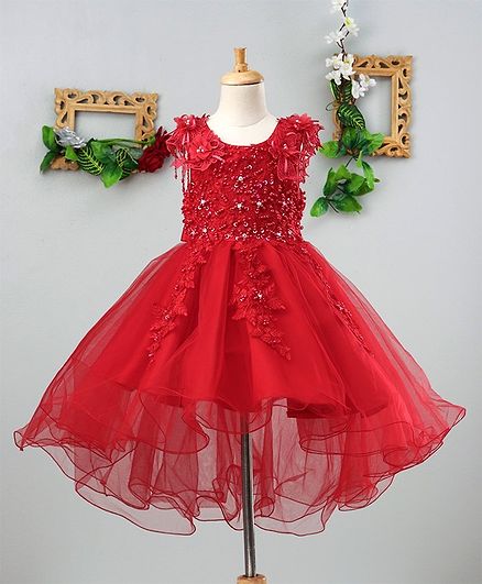 Mark & Mia Pearls Embellished Sleeveless High Low Hem Net Dress - Red