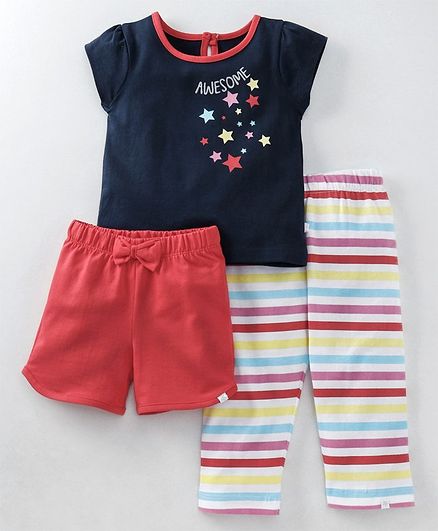 Babyoye Night Suit Combo Set Stars Print - Navy Blue Red