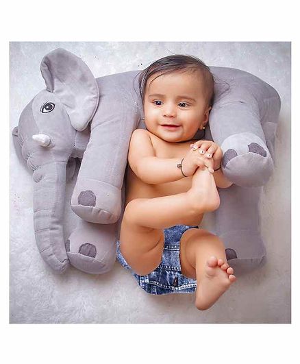 Babymoon Soft Stuffed Elephant Shaped Pillow Cover Toy Grey - Height 20 cm