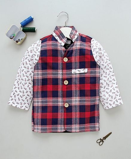 Knotty Kids Checks & Floral Print Full Sleeves Blazer - Red & Blue