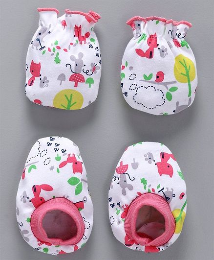 Babyhug Cotton Mittens and Booties Set Animal Print - Light Pink