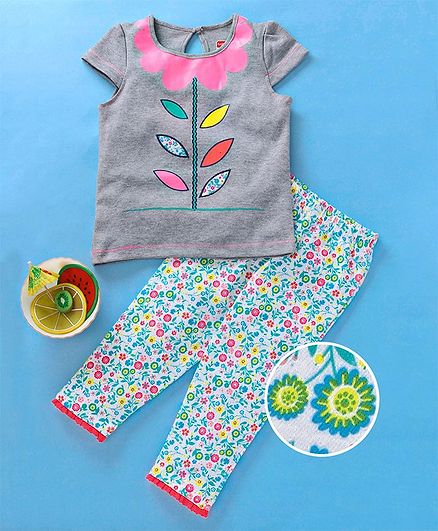 Babyhug Half Sleeves Tee With Lounge Pant Floral Print - Grey