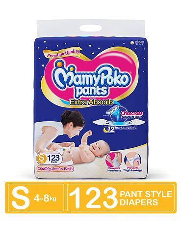 MamyPoko Extra Absorb Pant Style Diaper Monthly Jumbo Pack Small Size - 123 Pieces