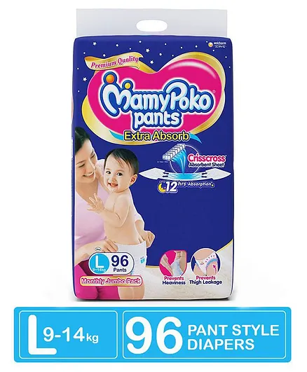 MamyPoko Extra Absorb Pant Style Diaper Monthly Jumbo Pack Large Size - 96 Pieces