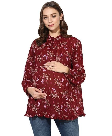 Wobbly Walk Floral Printed Full Sleeves Maternity Top - Maroon
