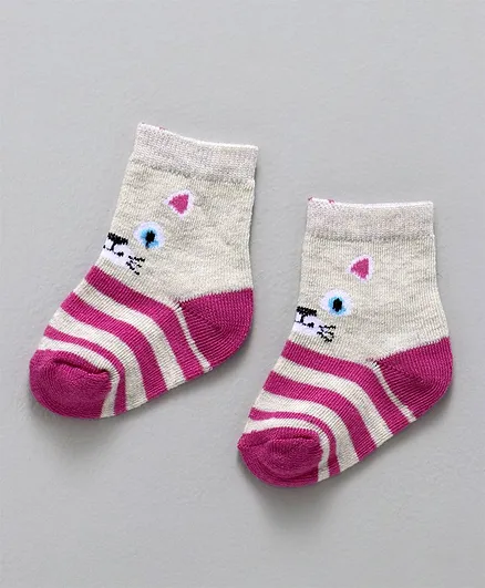 Cute Walk By Babyhug Non Terry Antibacterial Ankle Length Socks Kitty Design - Grey Pink