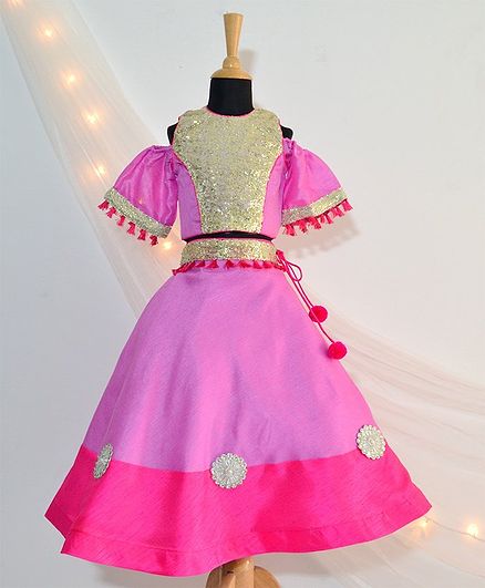 Tutus By Tutu Gold Sequin Choli & Flower Embellished Lehenga - Pink