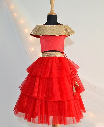 Tutus By Tutu Gold Sequin Flared Sleeves Choli & Lehenga - Red