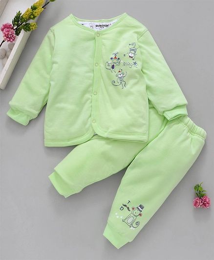 Cucumber Full Sleeves Vest With Lounge Pant Monkey Print - Green
