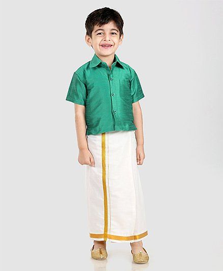 Babyhug Half Sleeve Shirt & Mundu Set - Green White
