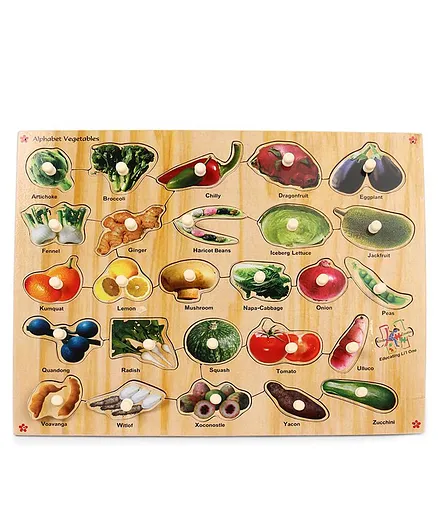 Kinder Creative Wooden Alphabet Vegetables With Knobs Puzzle - Multicolor