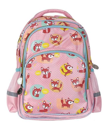 SMJM All Over Fox Printed School Bag Pink - 15.7 Inches