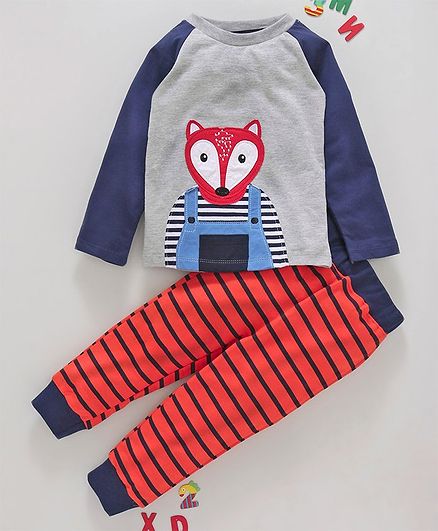 Kookie Kids Animal Print Full Sleeves Night Suit Set - Grey