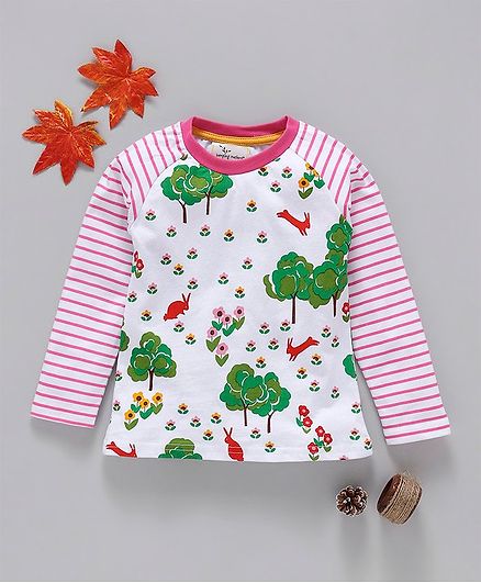 Kookie Kids Flower & Strips Printed Full Sleeves Tee - White