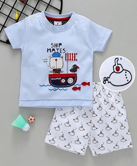 Ollypop Half Sleeves Night Suit Ship Patch - Light Blue & White
