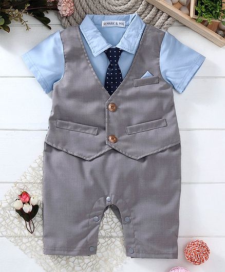 Mark & Mia Half Sleeves Mock Party Suit Romper With Tie - Light Blue Grey
