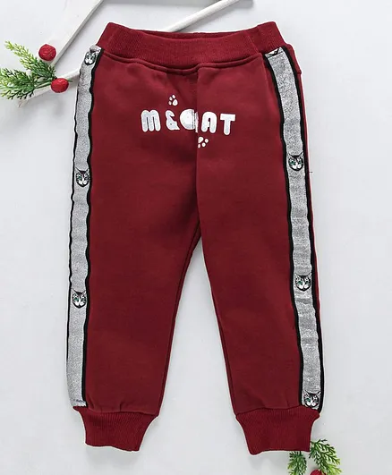 Meng Wa Side Cat Print Full Length Bottom - Maroon