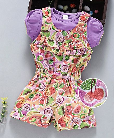 ToffyHouse Dungaree Romper With Tee Fruit Print - Purple Orange