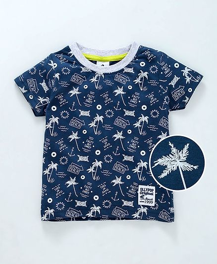 Ollypop Half Sleeves Tee Beach Print - Navy Blue