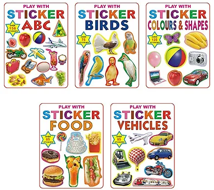 Dreamland Play With Sticker 5 Books Pack for Children - ABC, Birds, Colours & Shapes, Food, Vehicles