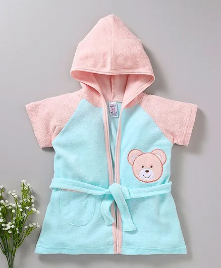 Pink Rabbit Half Sleeves Hooded Bath Robe Bear Patch - Light Blue