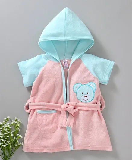 Pink Rabbit Half Sleeves Hooded Bath Robe Bear Patch - Peach