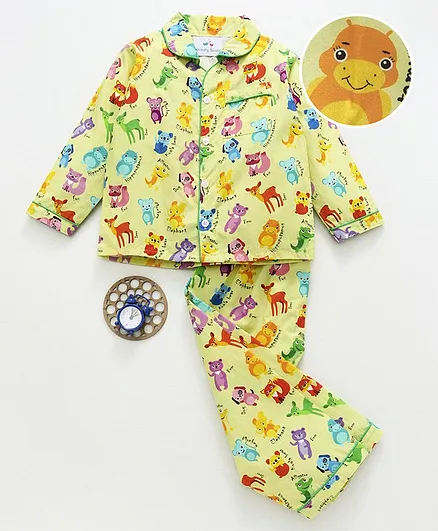 Knitting Doodles Full Sleeves Wild Animal Print Night Suit - Light Yellow