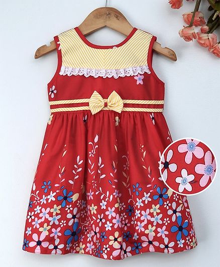 Enfance Core Flower Printed Sleeveless Dress With Bow - Red