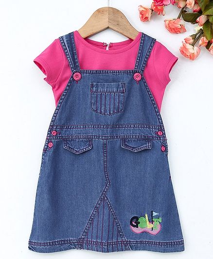 Enfance Core Short Sleeves Solid Tee With Embroidered Dungaree Style Dress - Pink