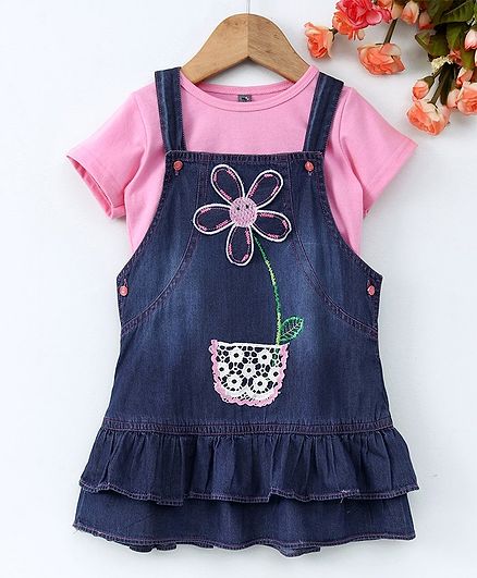 Enfance Core Short Sleeves Solid Tee With Flower Embroidered Dress - Light Pink