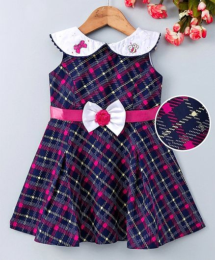 Enfance Core Sleeveless Peter Pan Collar Neck Checked Dress - Dark Pink