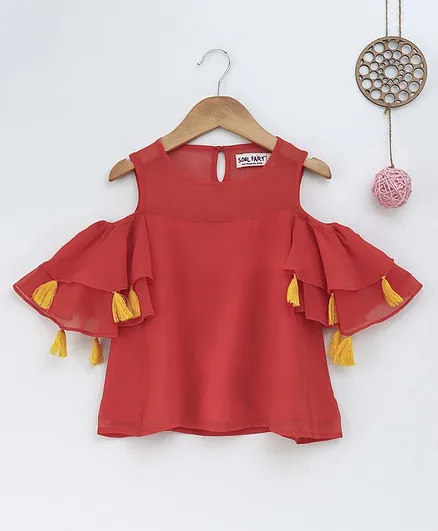 Soul Fairy Cold Shoulder Top With Contrast Tassels - Red