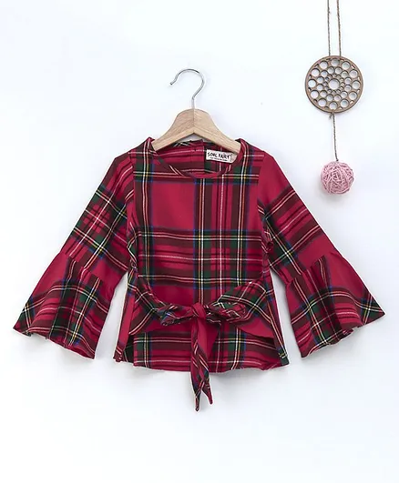 Soul Fairy Full Sleeves Checkered Top With Front Tie Up Detail - Maroon