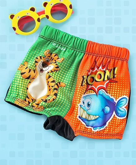 Rovars Swimming Trunks Tiger & Fish Print - Green & Orange