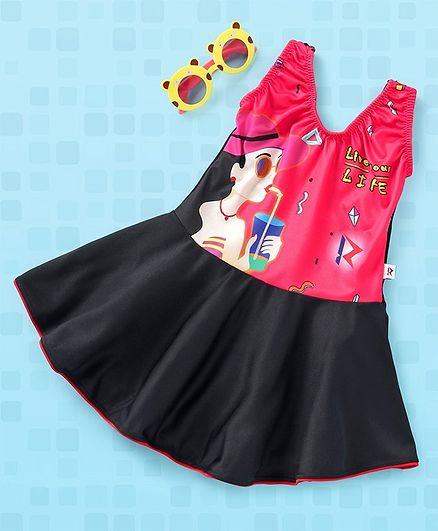 Rovars Sleeveless Frock Swimsuit Girl Print - Black Pink