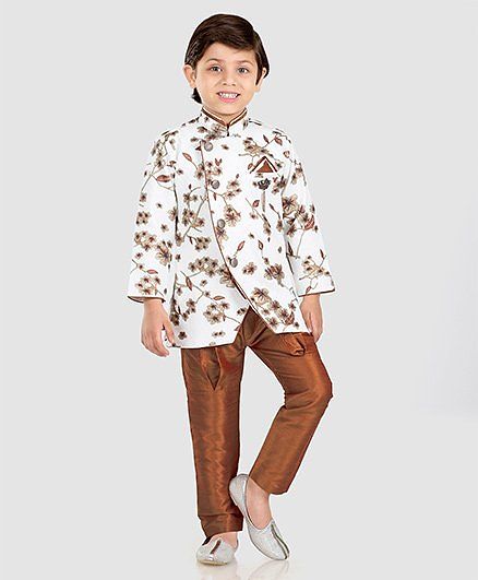 Dapper Dudes Flower Printed Full Sleeves Kurta & Pyjama Set - Brown