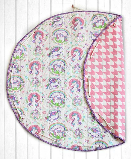 Silverlienen Unicorn & Rainbows Quilted Cotton Playmat Cum Storage Bag - Pink