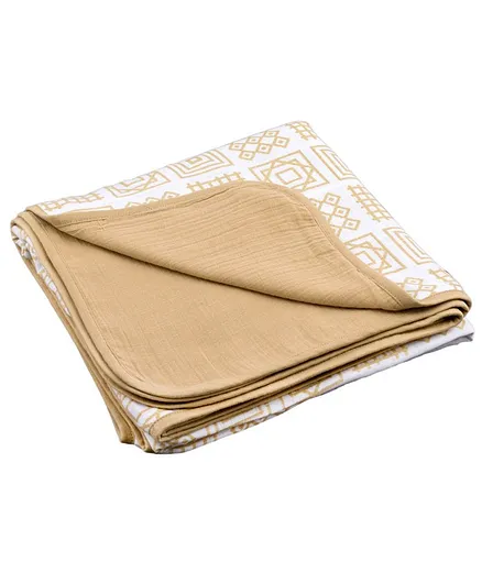 Kaarpas Premium Organic Cotton Muslin 3 Layered Quilt Blanket with Charming Patterns of Squares Large - Beige