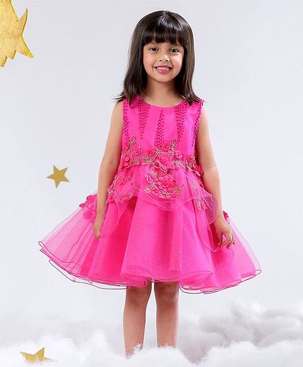 Mark & Mia Sleeveless Party Frock Pearl & Floral Embellishment - Fuchsia Pink