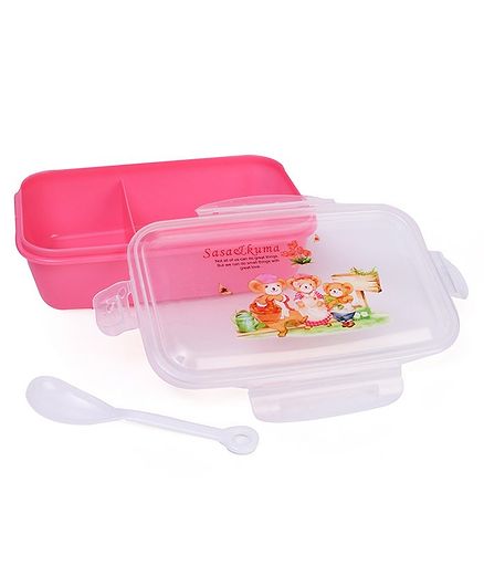Lunch Box With Spoon - Pink White (Print May Vary)
