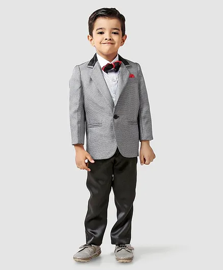 Babyhug Full Sleeves Three Piece Party Suit With Bow - Grey