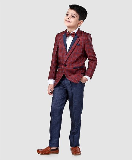 Babyhug 3 Piece Full Sleeves Party Suit With Bow - Red