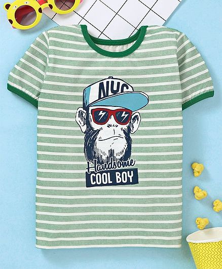 Babyhug Half Sleeves Striped Tee Cool Boy Print - Green