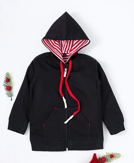 Rikidoos Solid Full Sleeves Hooded Jacket - Black