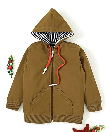 Rikidoos Solid Full Sleeves Hooded Jacket - Light Brown