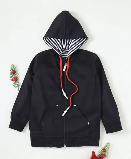 Rikidoos Solid Full Sleeves Hooded Jacket - Navy Blue