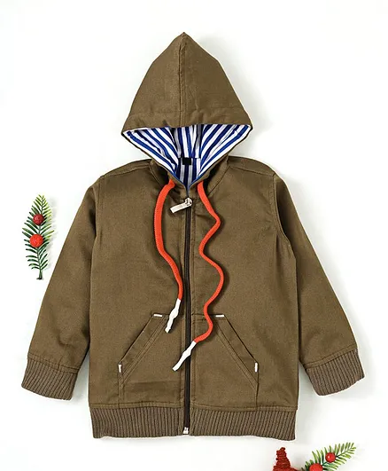 Rikidoos Solid Full Sleeves Hooded Jacket - Beige