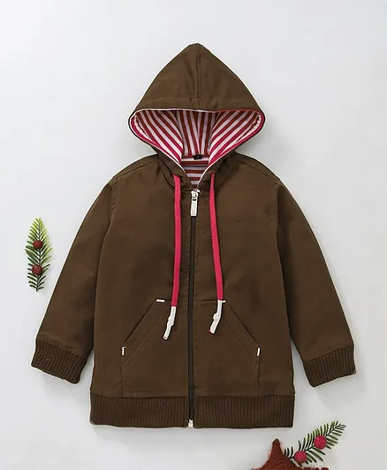 Rikidoos Solid Full Sleeves Hooded Jacket - Dark Brown